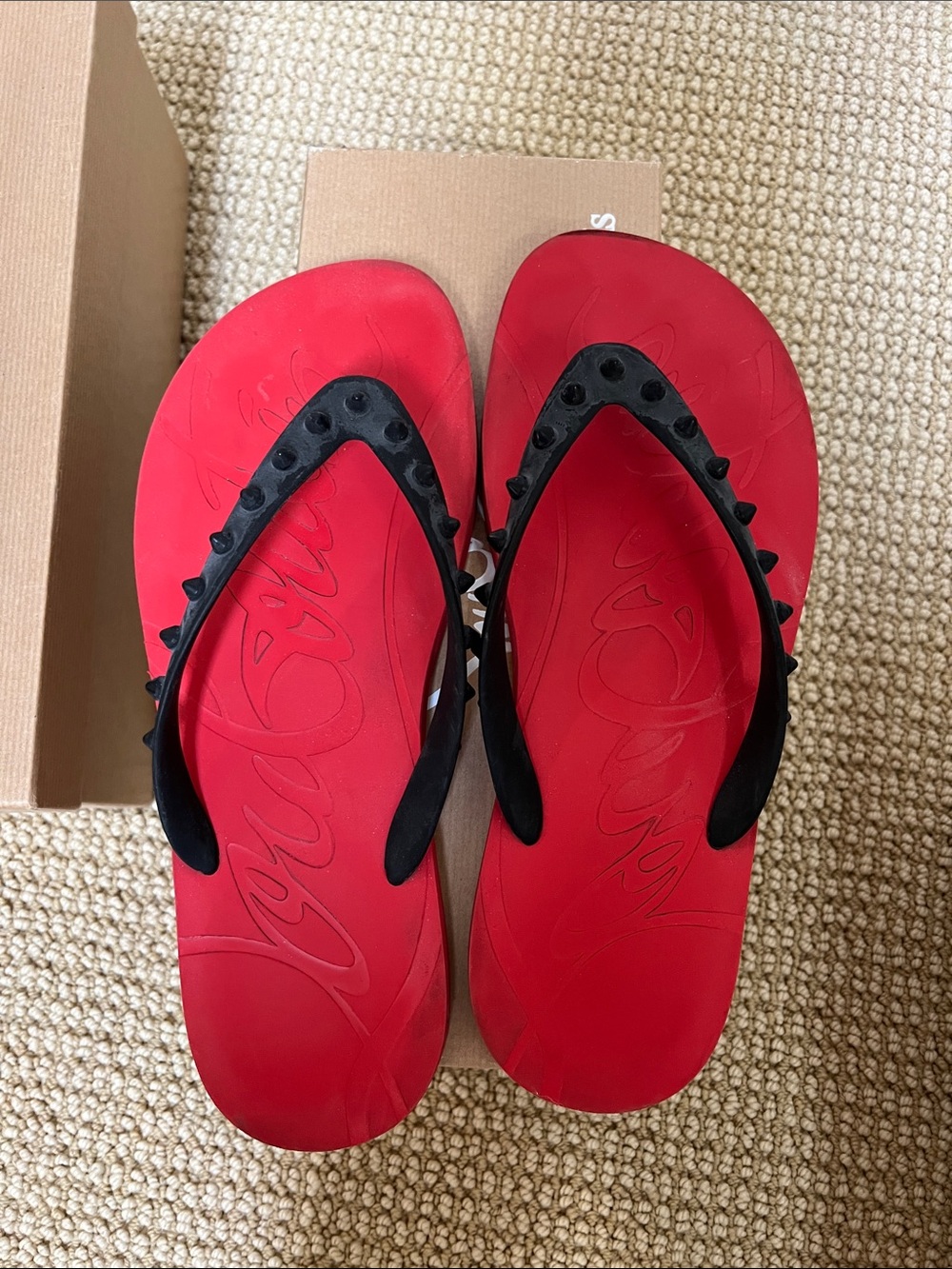 Christian Louboutin Red and Black Studded Thong Sandals - Picture 3 of 4